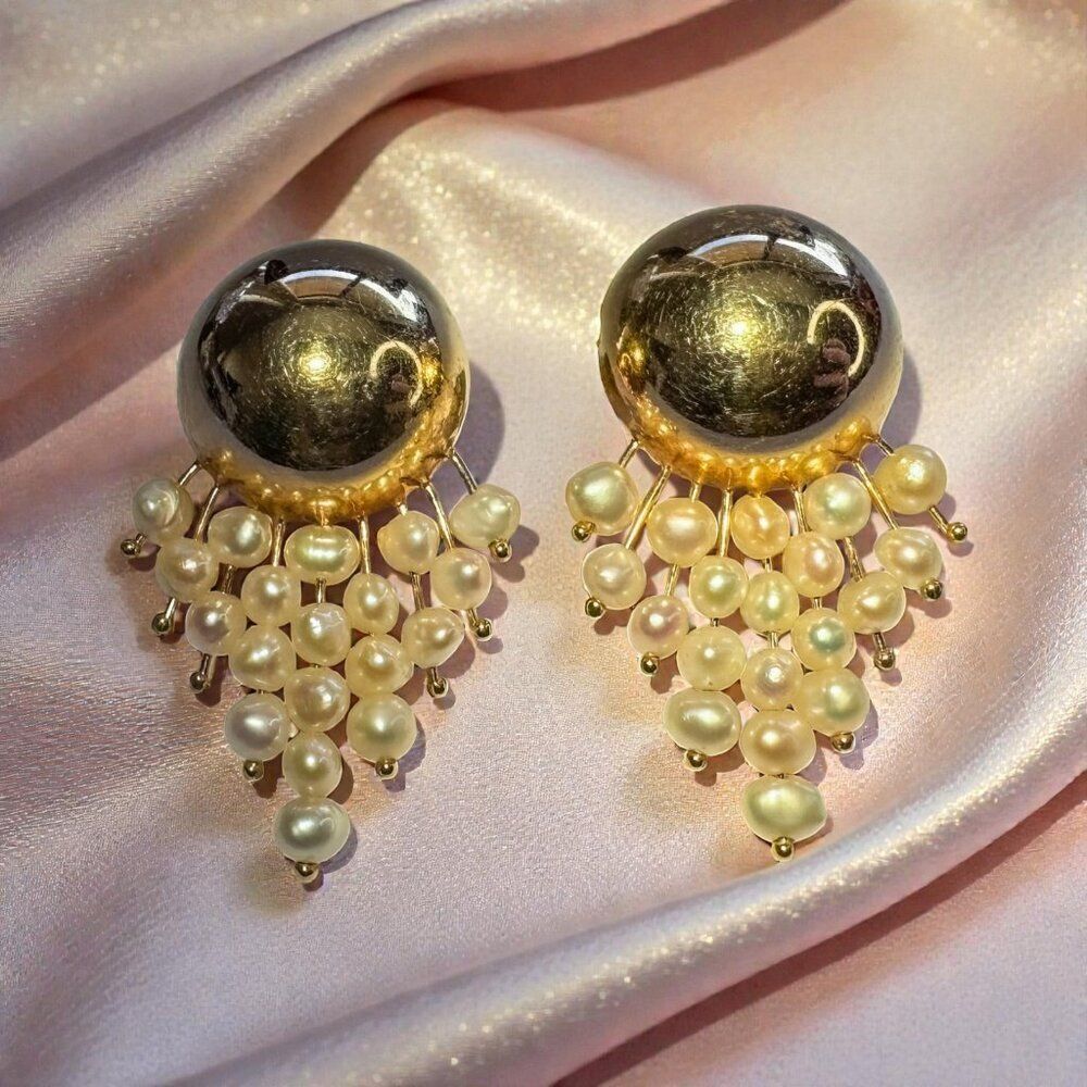 VINTAGE- 14K Gold Pearl Earrings Donna Chambers Designer Dome Drop Earrings 6.3g